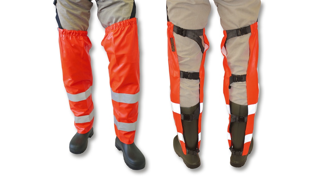 Beinlinge in oranger Warnfarbe mit Leuchtstreifen
